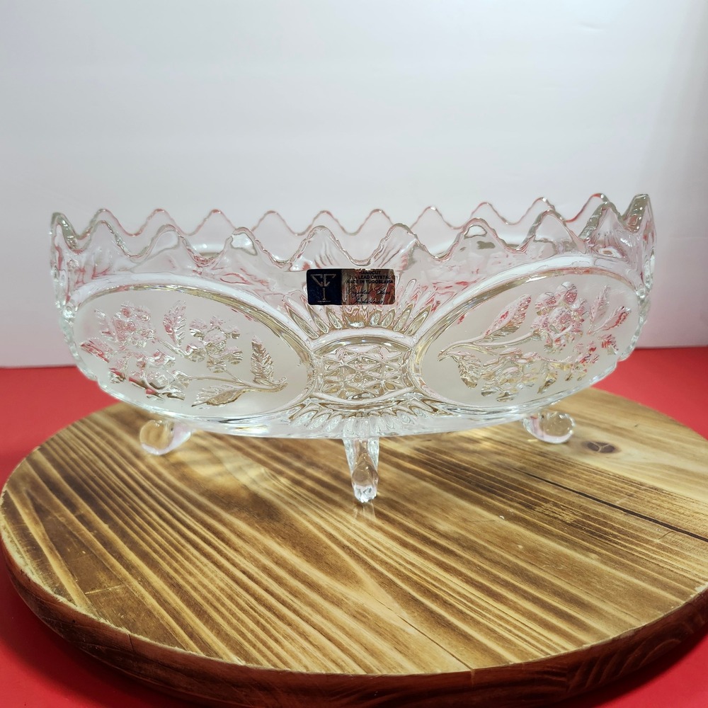 Crystal Clear Industries 24% Lead Crystal‎ Footed Bowl Yugoslavia Floral 10 inch